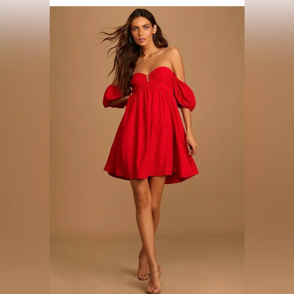 Lulus My Dream Date Red Off-the-Shoulder Mini Dress